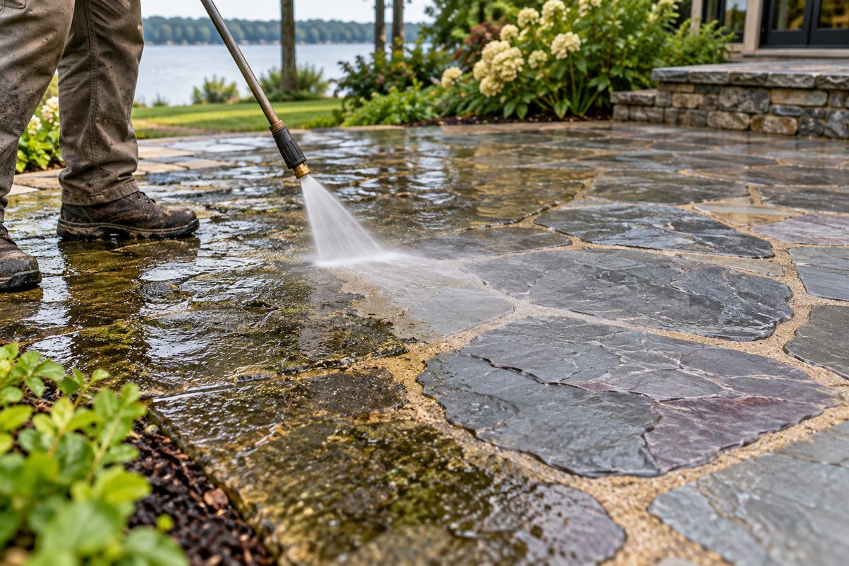 Natural bluestone patio flagstones undergoing biological soft-wash restoration.