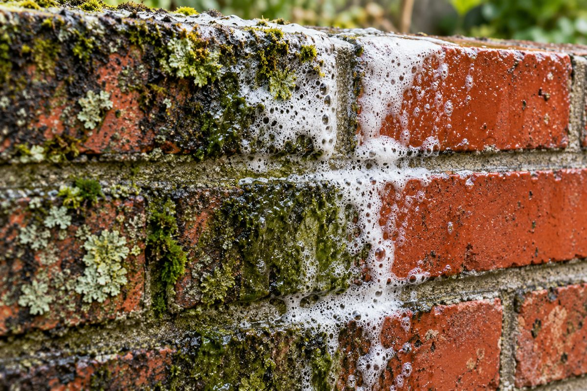 Active foaming detergent pre-treatment breaking down lichen on an exterior brick retaining wall.