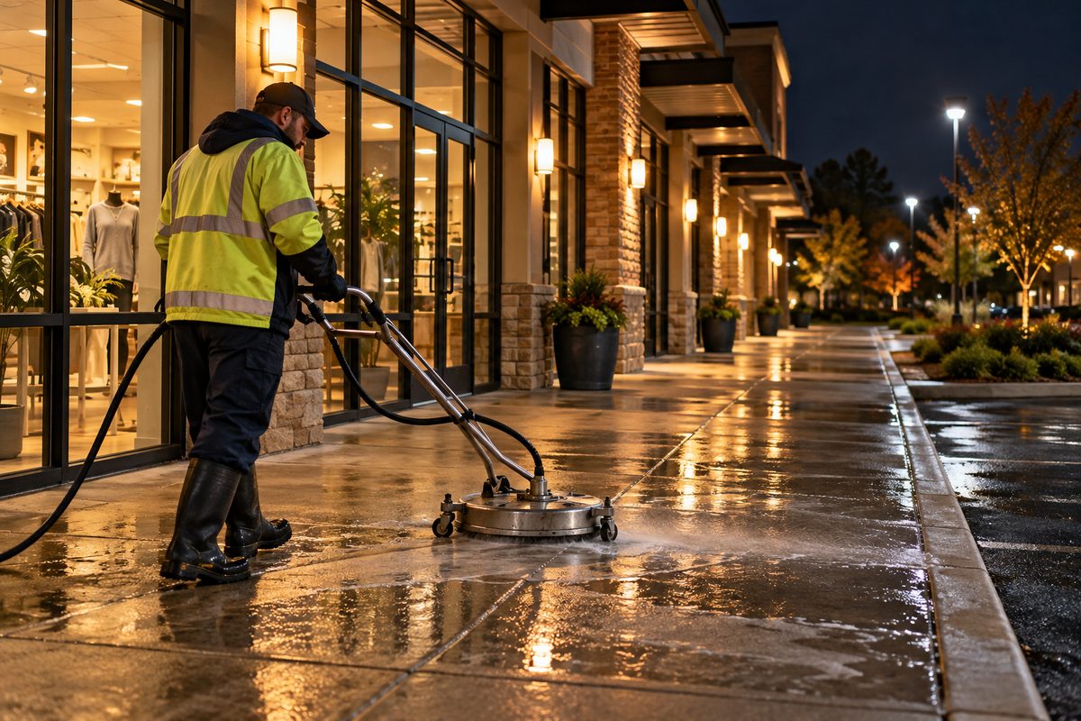 Commercial retail walkway power washing during scheduled off-peak evening hours.