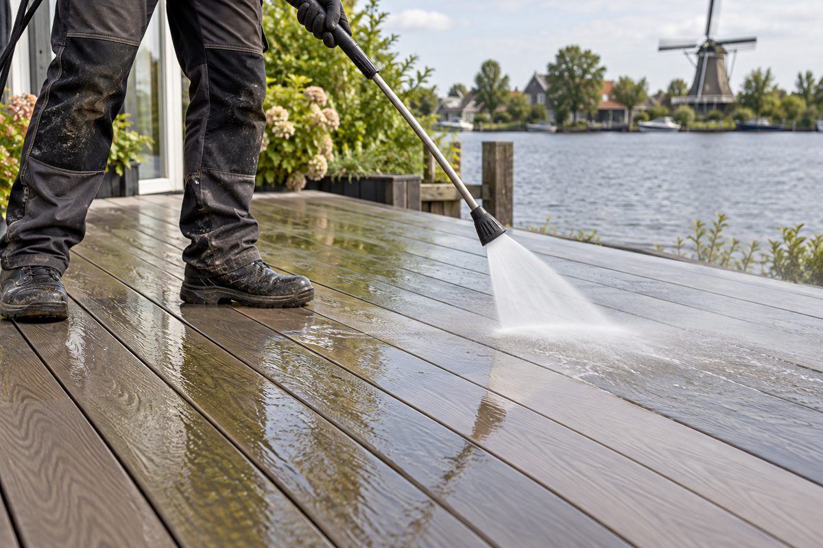 Low-pressure uniform cleaning of outdoor composite deck boards.
