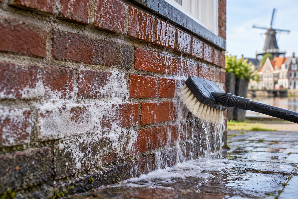 Targeted chemical treatment removing white efflorescence minerals from brick masonry.