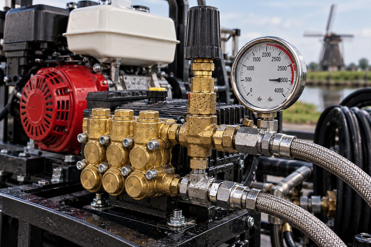 Commercial triplex plunger pump, brass unloader valve, and pressure telemetry gauges.
