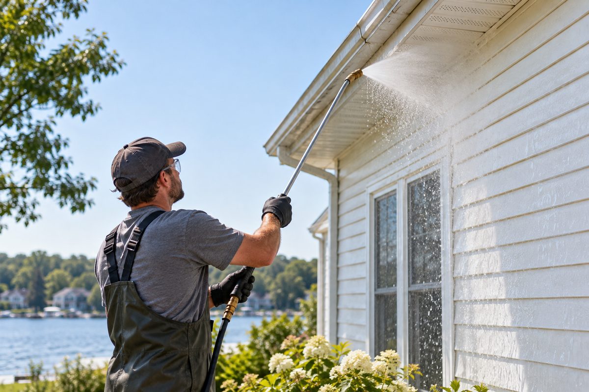 Technician rinsing residential vinyl facade and soffits with a controlled low-pressure fan.