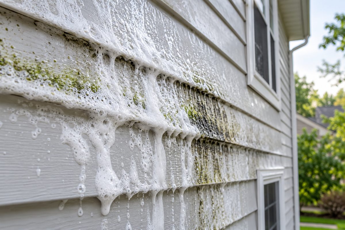 Soft-wash biological pre-treatment foam dwelling on residential vinyl siding.