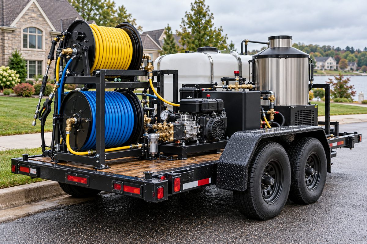 Commercial trailer-mounted pressure washing rig parked at a residential property in Holland, PA.