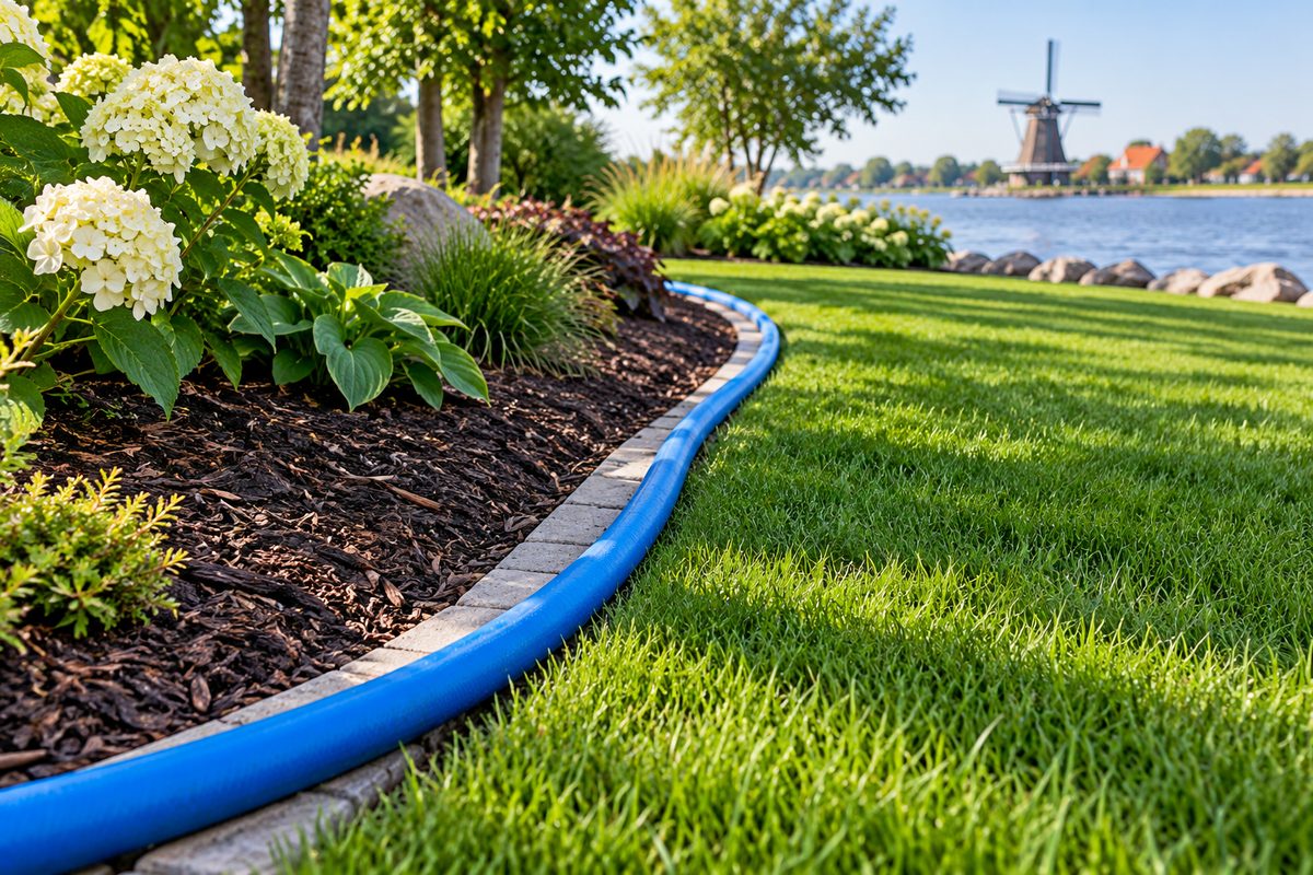 Non-marking pressure hose line managed along turf perimeter to safeguard landscaping.