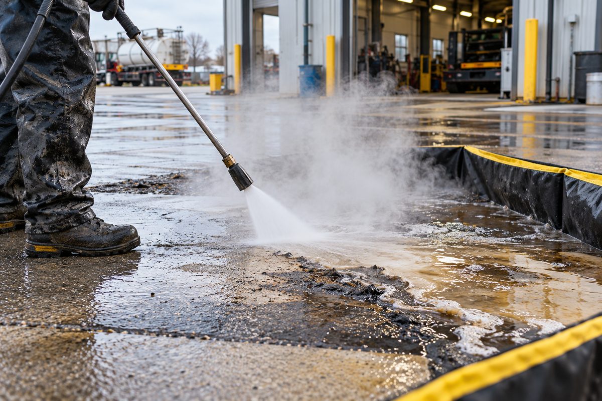 Hot-water pressure wash removing grease and vehicle deposits from concrete flatwork.