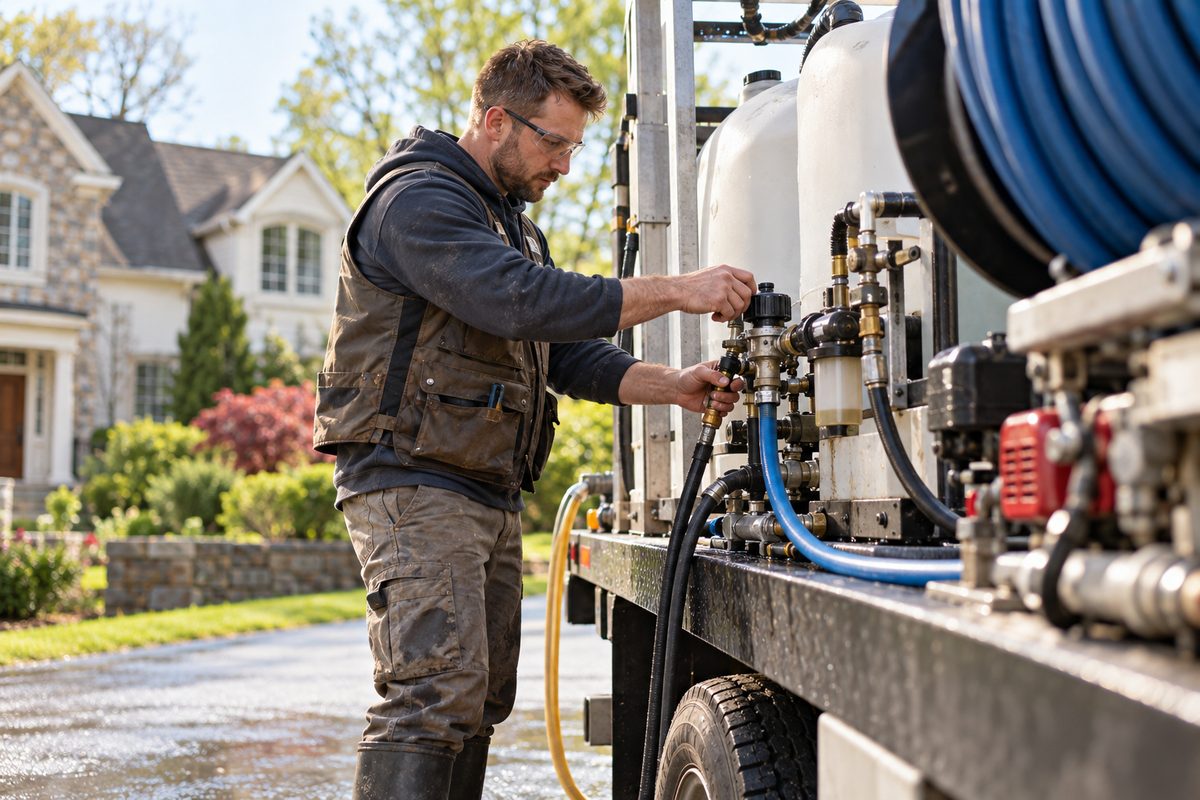 Jake inspecting pressure settings and chemical metering valves on the service rig.