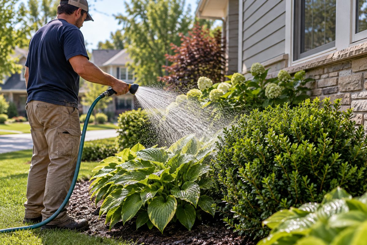Pre-wetting landscape foliage and shrubs with fresh water to prevent chemical absorption.
