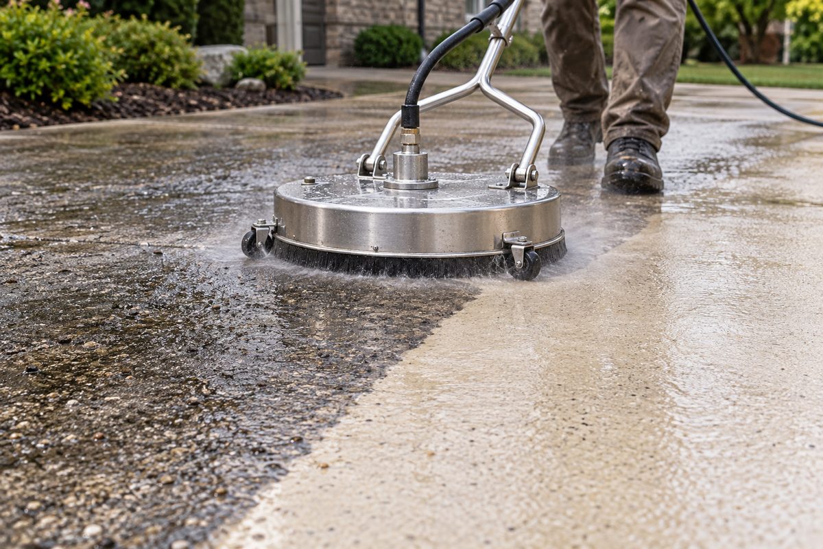 Professional 20-inch rotary surface cleaner restoring a concrete driveway in Holland, PA.