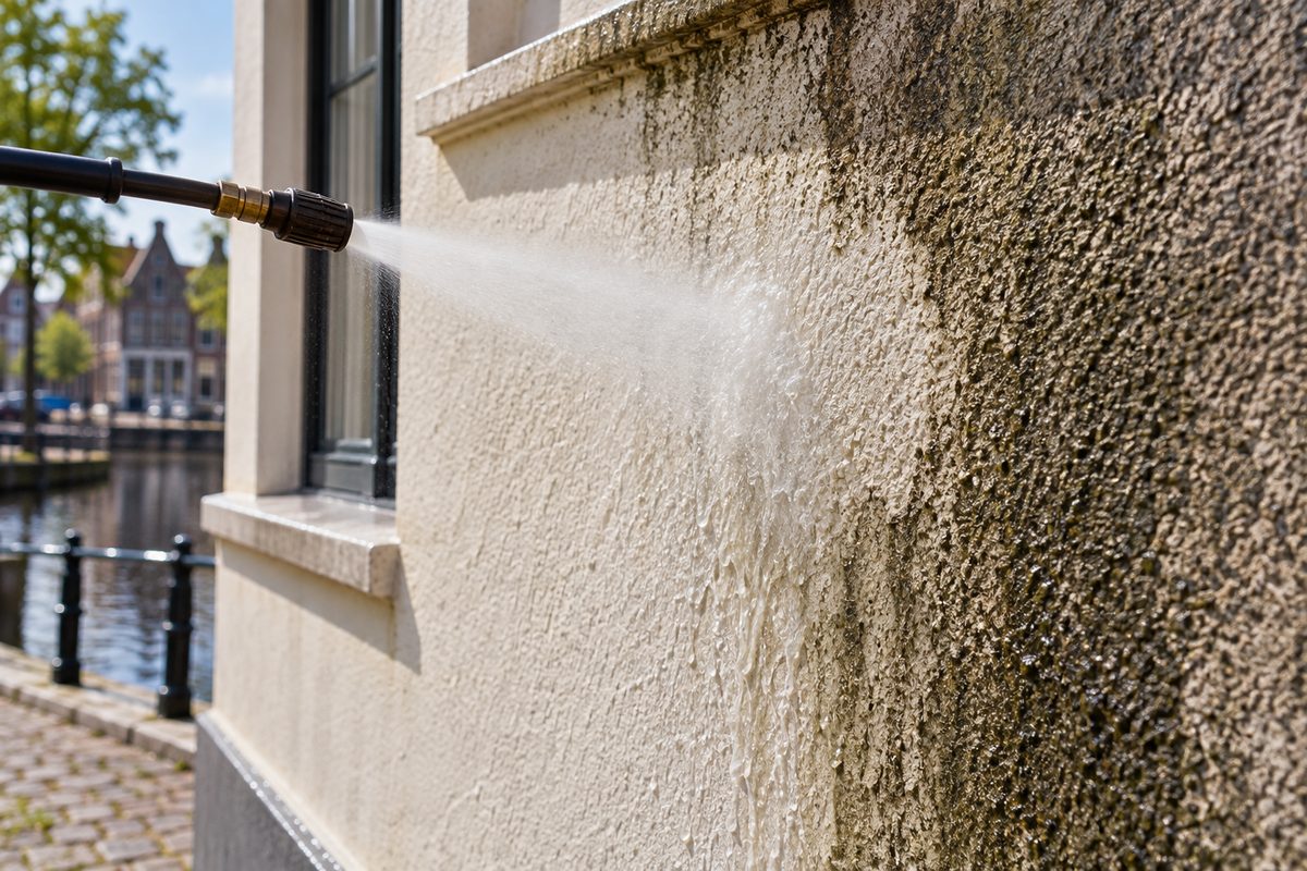 Gentle soft-wash chemical mist cleaning textured architectural stucco exterior.