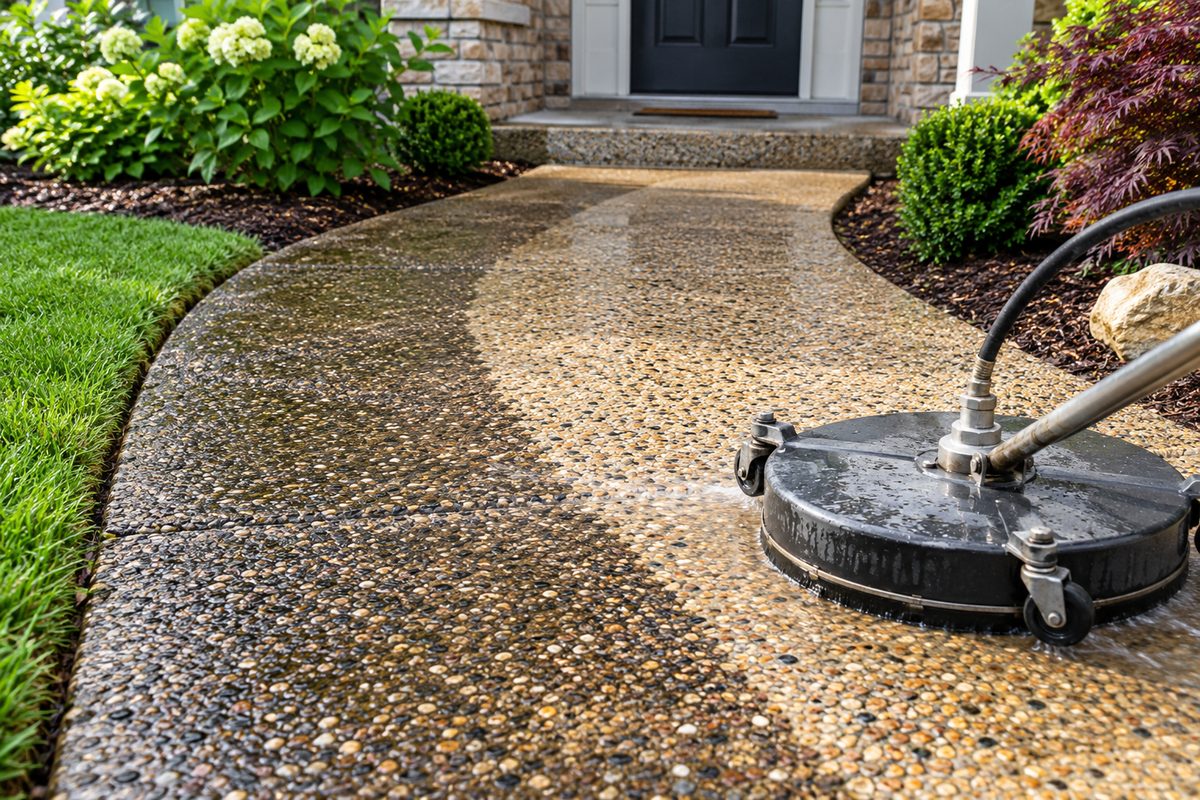 Rotary surface cleaner clearing organic mold from residential front walkway in Holland, PA.