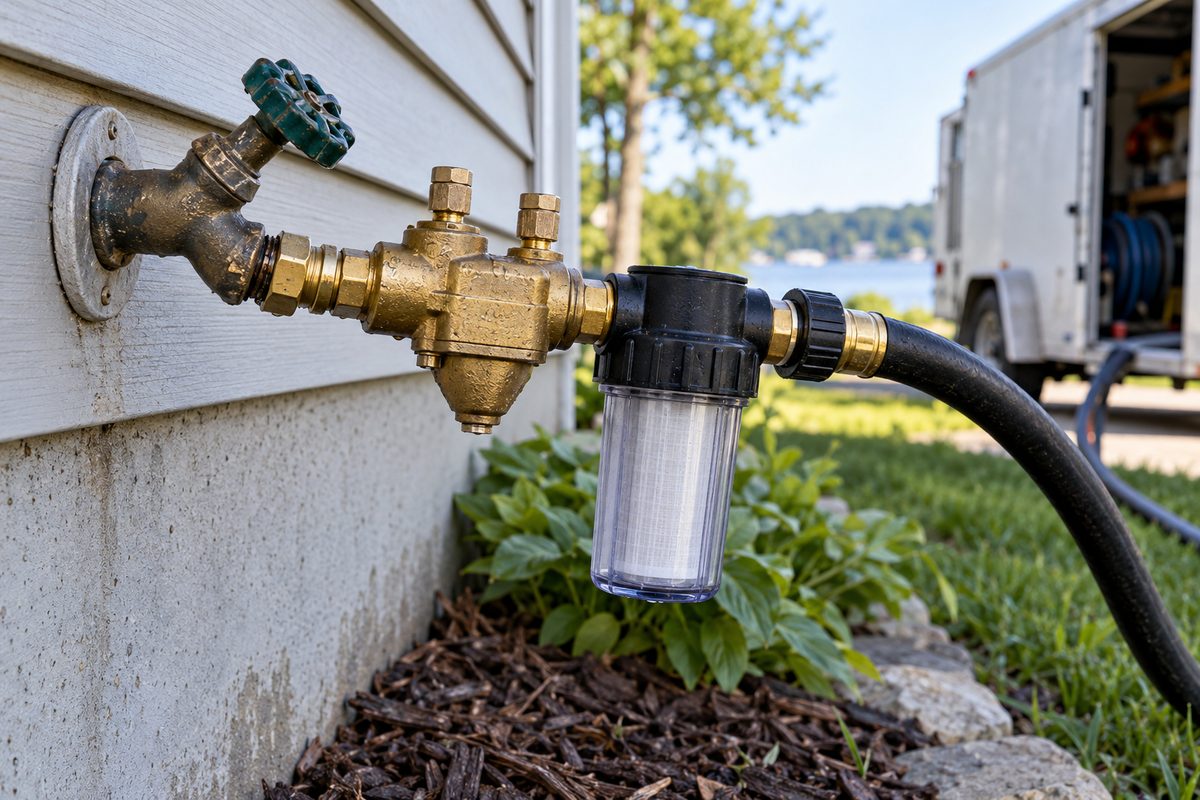 Outdoor water spigot connection fitted with certified backflow preventer and pressure filter.